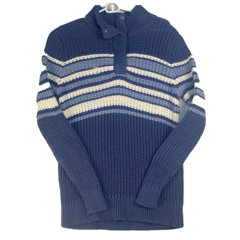 LL Bean 1/4 Snap Chunky Knit Sweater 100% Cotton Slate Blue/Gray/White